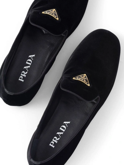 Prada Triangle Logo Velvet Loafers In Black