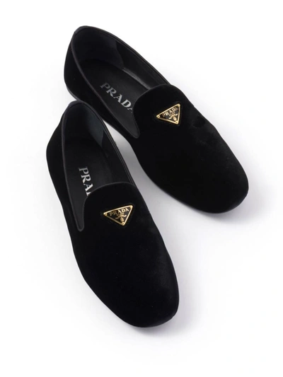 Prada Triangle Logo Velvet Loafers In Black