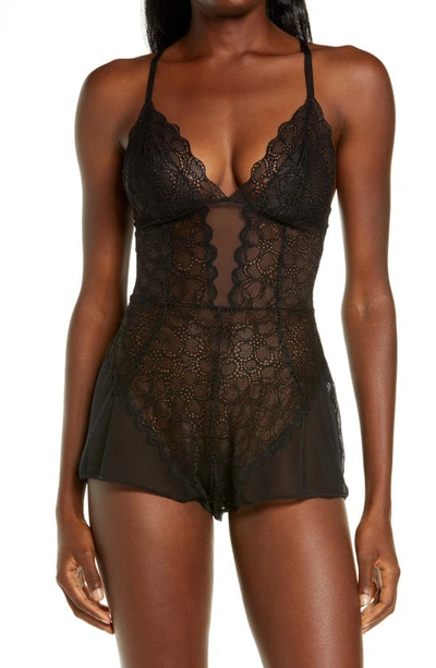 Shop Dkny Mixed Cases Lace & Mesh Romper In Black