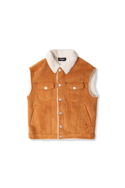 Shop Dsquared2 Kids Logo Tag Faux Shearling Waistcoat In Brown