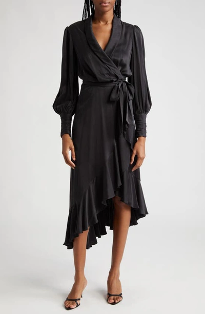 Shop Zimmermann Long Sleeve Silk Wrap Midi Dress In Black