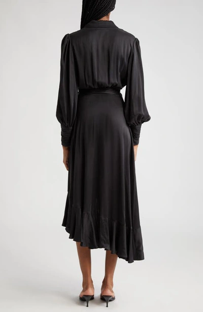 Shop Zimmermann Long Sleeve Silk Wrap Midi Dress In Black