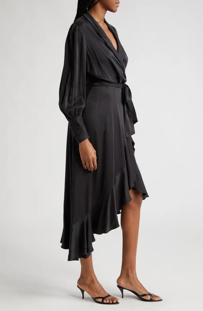 Shop Zimmermann Long Sleeve Silk Wrap Midi Dress In Black