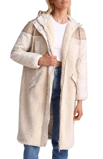 Shop Avec Les Filles Mixed Media Faux Shearling Quilted Hooded Coat In Oat