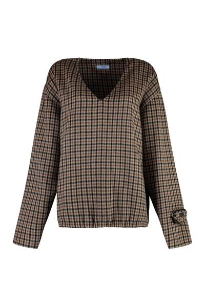 Prada V-neck Checked Pullover In Beige