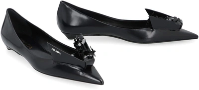 Shop Prada Leather Pointy-toe Ballet Flats In Black