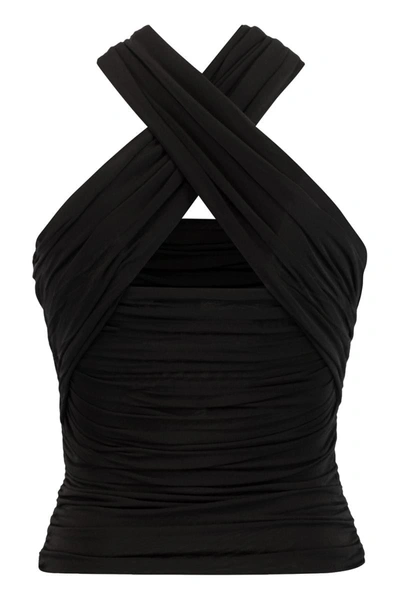 Saint Laurent Wool Drape Halter Top With Hood In Black