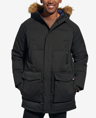 Shop Tommy Hilfiger Men's Long Quilted Parka With Removable Faux-fur Trim In Black