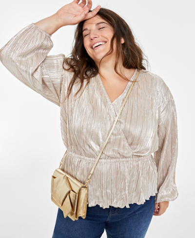 Shop On 34th Plus Size Plisse Surplice-neck Peplum Top, Created For Macy's In Gold