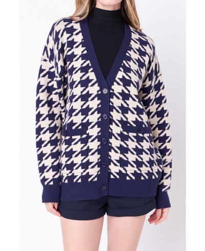 Shop English Factory Women's Knit Houndstooth Cardigan In Navy Multi