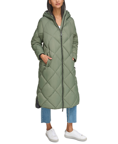 Shop Calvin Klein Jeans Est.1978 Women's Cire Drama Hooded Longline Puffer Jacket In Thyme