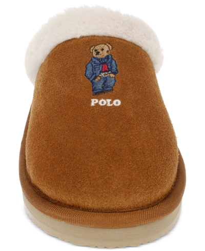 Shop Polo Ralph Lauren Women's Suede Denim Bear Scuff Slippers In Suede Tan