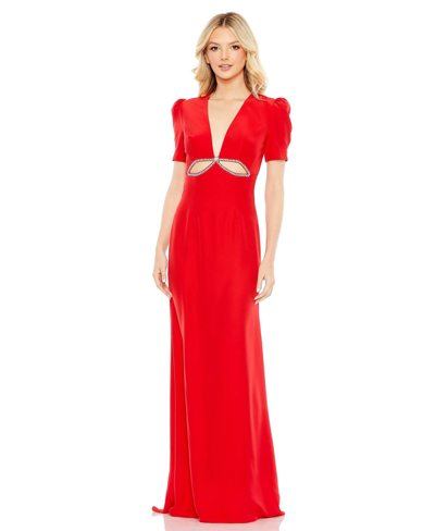 Shop Mac Duggal Women's Ieena Plunge Neck Puff Sleeve Cut Out Gown In Red