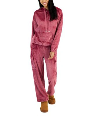 Shop Planet Heart Juniors Cozy Long Sleeve Hoodie Wide Leg Cargo Sweatpants In Red Violet