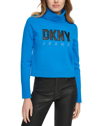 Shop Dkny Jeans Women's Faux-leather-logo Turtleneck Sweater In Electric Blue,black