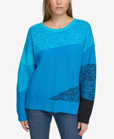 Shop Dkny Jeans Women's Mixed-knit Drop-sleeve Sweater In Electric Blue Combo