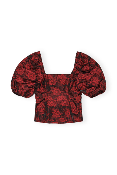 Ganni Botanical-print Short Puff-sleeve Cropped Top