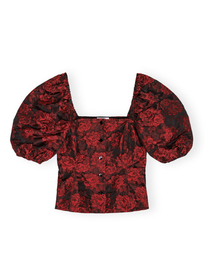 Ganni Botanical-print Short Puff-sleeve Cropped Top
