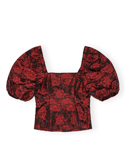 Ganni Botanical-print Short Puff-sleeve Cropped Top