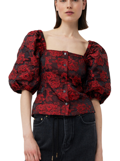 Ganni Botanical-print Short Puff-sleeve Cropped Top