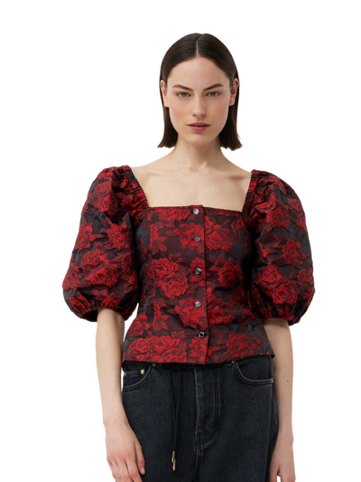 Ganni Botanical-print Short Puff-sleeve Cropped Top