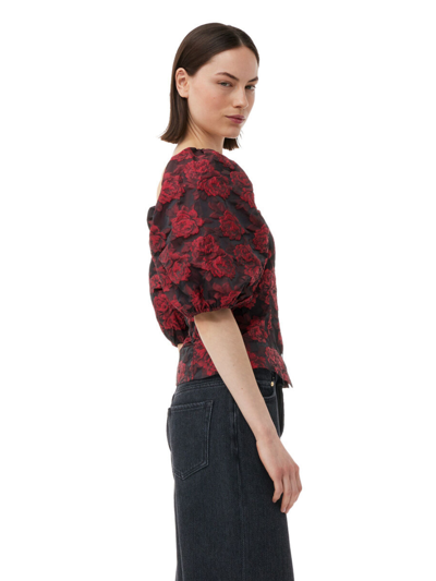 Ganni Botanical-print Short Puff-sleeve Cropped Top