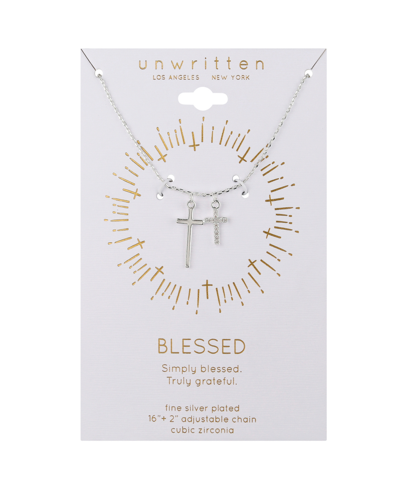 Unwritten Cubic Zirconia And Silver Plated Cross Pendant Necklace In Silver