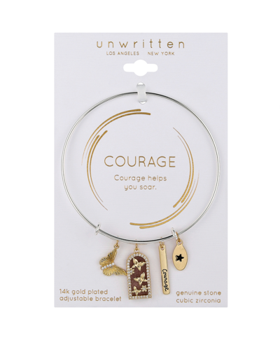 Shop Unwritten Cubic Zirconia And Strawberry Quartz Butterfly And 14k Gold Plated Courage Bangle Bracelet In Silver