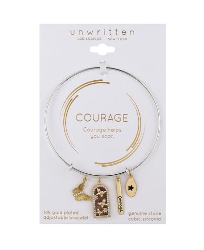 Unwritten Cubic Zirconia And Strawberry Quartz Butterfly And 14k Gold Plated Courage Bangle Bracelet In Silver