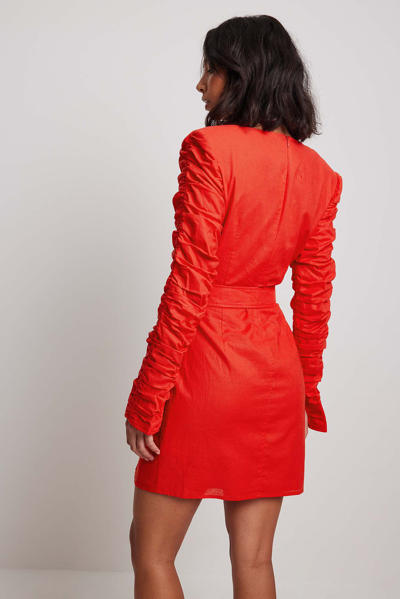 Shop Na-kd Linen Gathered Sleeves Mini Dress Red