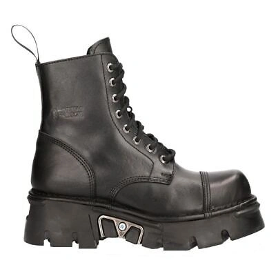 Pre-owned New Rock Rock M-newmili083-s19 Stiefel Schwarz Militär Biker Design Leder Schuhe