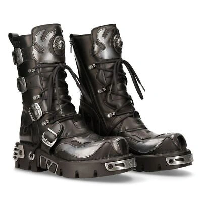 Pre-owned New Rock Rock 107-s2 Stiefel Schwarz Silber Gothisches Design Lederboots