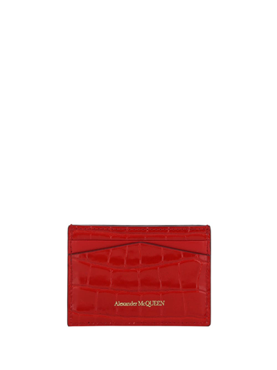 Shop Alexander Mcqueen Croccodile Print Leather Card Case In Deep Red