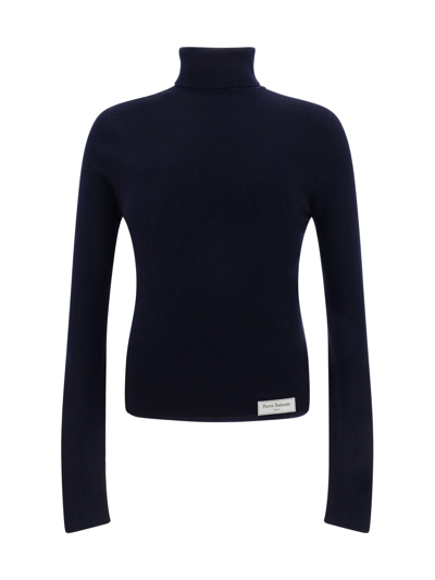 Balmain Logo-patch Ribbed-knit Jumper In Bleu Marine Fonce