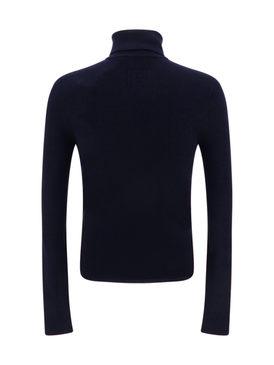 Balmain Logo-patch Ribbed-knit Jumper In Bleu Marine Fonce