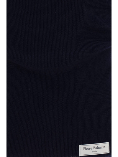 Balmain Logo-patch Ribbed-knit Jumper In Bleu Marine Fonce