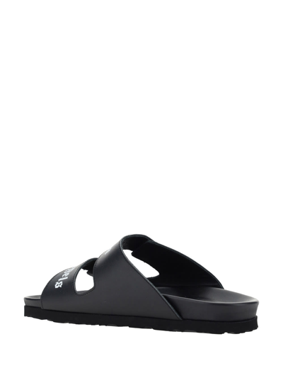 Palm Angels Leather Slides With Logo In Black