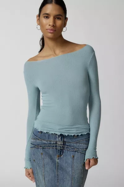 Shop Out From Under Libby Ribbed Lightweight Long Sleeve Top In Blue, Women's At Urban Outfitters