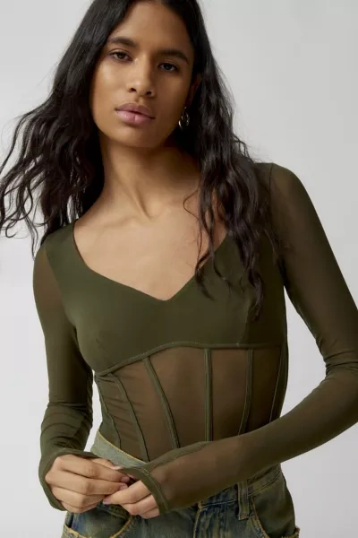 Out From Under Kiera Mesh Corset Bodysuit In Olive, Women's At Urban  Outfitters