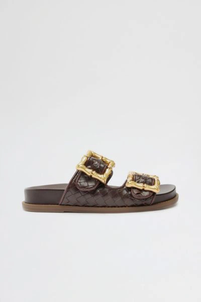Shop Schutz Enola Woven Leather Buckle Slide In Dark Chocolate, Women's At Urban Outfitters
