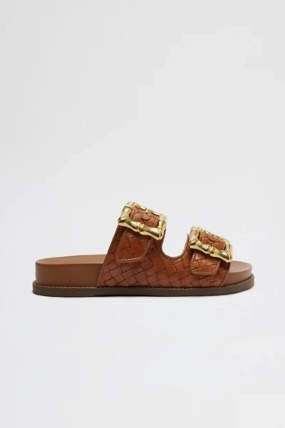Shop Schutz Enola Woven Leather Buckle Slide In Miele, Women's At Urban Outfitters