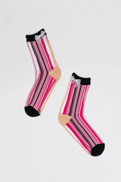 Sock Candy Parisian Stripe Bow Sheer Sock In Pink, Women's At Urban Outfitters In Pink