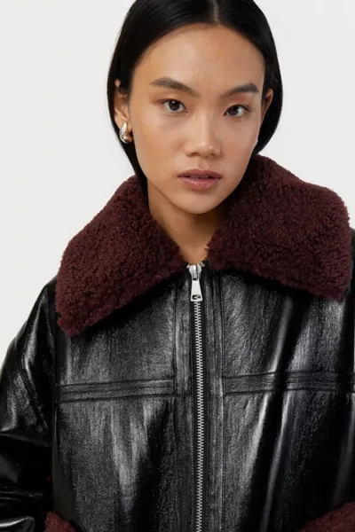 Shop Apparis Catalina Vegan Leather Shearling Coat Jacket In Burgundy/noir, Women's At Urban Outfitters