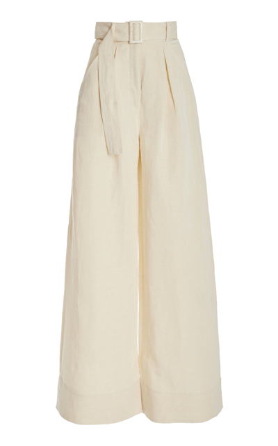 Shop Matthew Bruch Belted High-waisted Linen-blend Wide-leg Pants In Ivory
