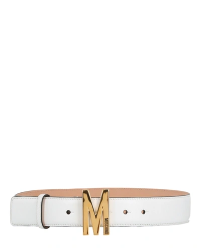 Shop Moschino M-buckle Leather Belt In Beige