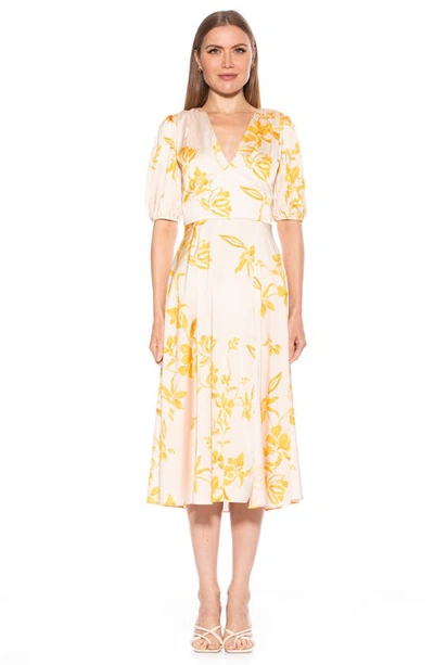 Shop Alexia Admor V-neck Puff Sleeve Midi Dress In Beige Floral