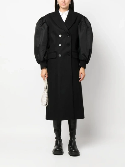 Shop Simone Rocha Women Double Breasted Coat With Bomber Satin Sleeves In Black