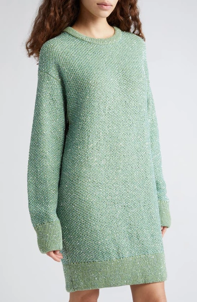 Shop Stella Mccartney Sequin Seed Stitch Cape Long Sleeve Sweater Dress In Mint