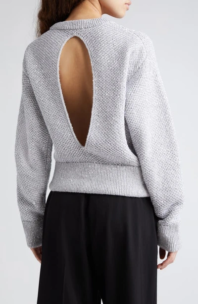Shop Stella Mccartney Cutout Seed Stitch Sequin Wool Blend Crewneck Sweater In Grey