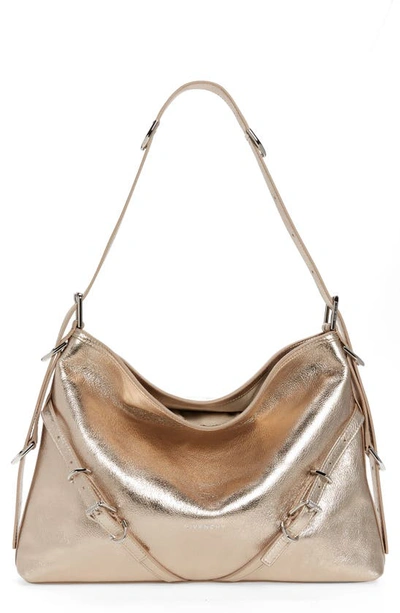 Shop Givenchy Medium Voyou Metallic Leather Hobo Bag In Dusty Gold